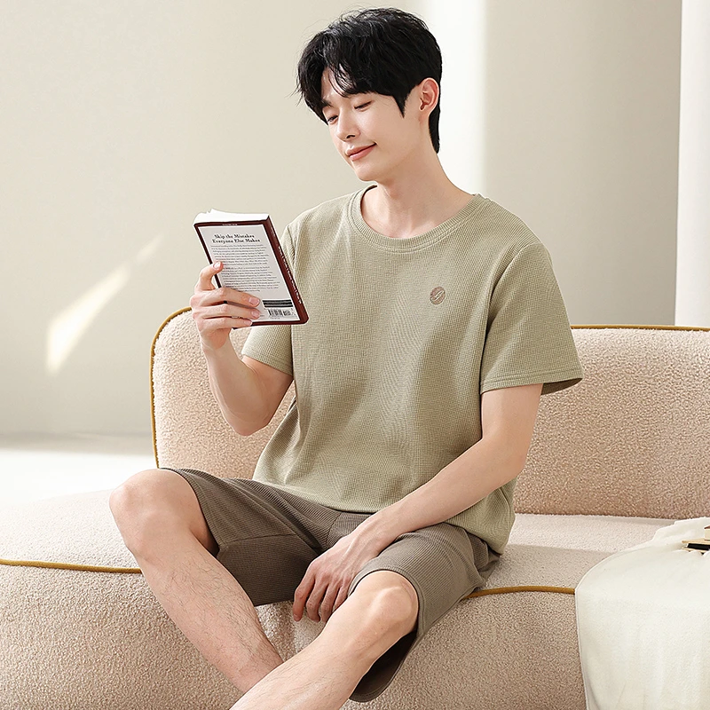 男士睡衣套装2025夏季100%纯棉男款套头圆领短袖短裤宽松家居服
