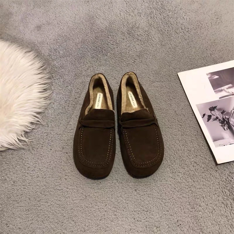 磨砂加绒乐福鞋女冬季方头软底加厚博肯鞋豆豆鞋