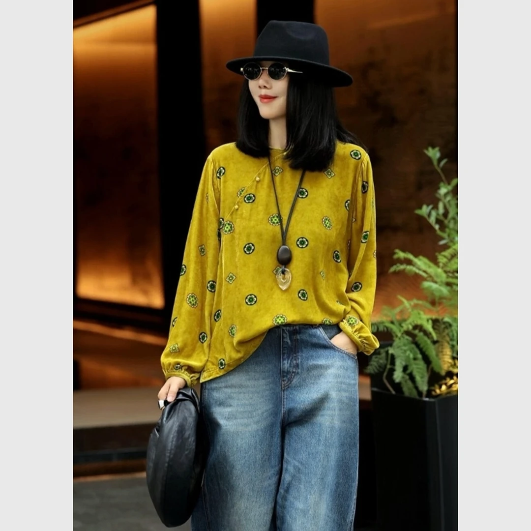 2025秋冬新中式国风黄色宝相花丝绒圆领衬衫女减龄唐装打底衫上衣