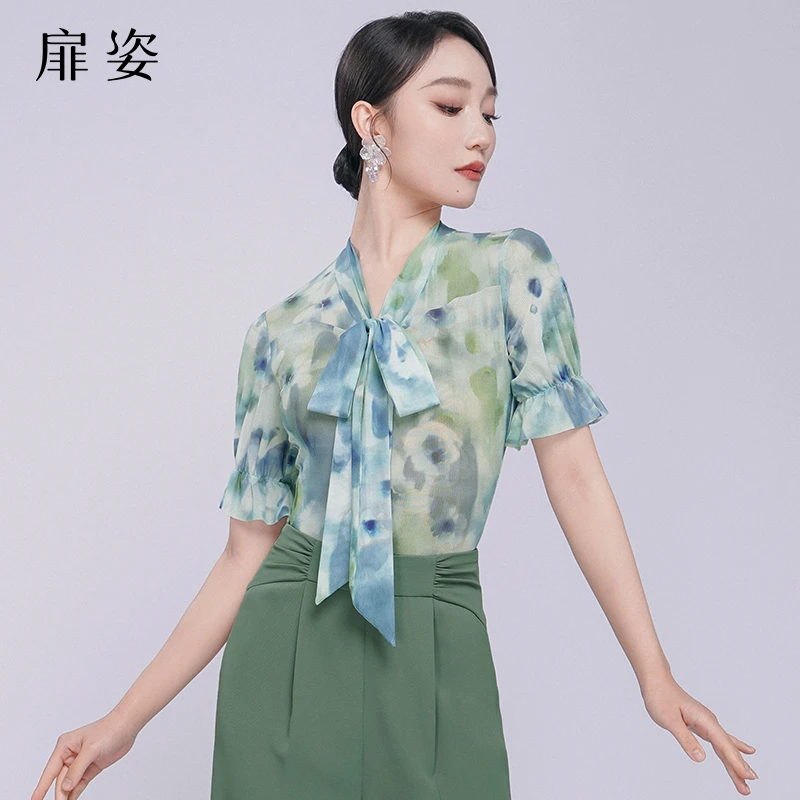 扉姿 摩登舞蹈服女夏季洋气交谊舞练功服新款印花短袖上衣F1270