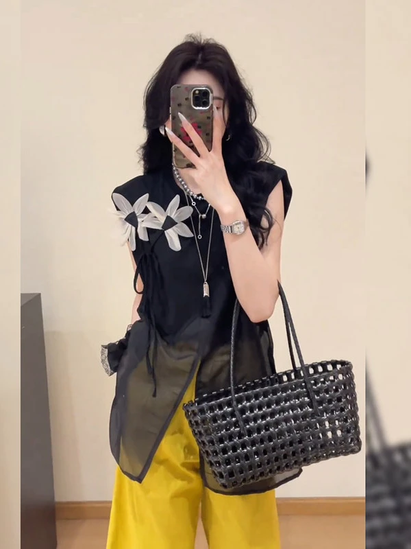 黑色短袖网纱设计感小花拼接上衣2025年夏季新款打底薄款t恤女装