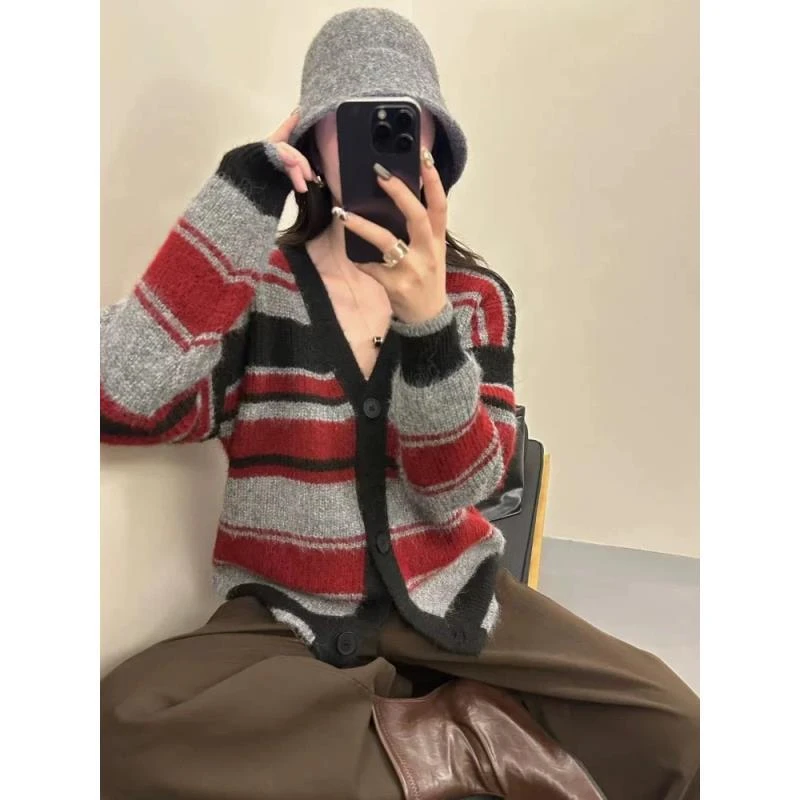 Q秋季女士慵懒风条纹针织毛衣开衫外套女2025新款超好看上衣