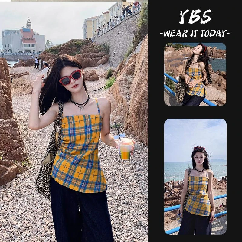 2025夏季新款多巴胺时尚百搭显瘦上衣美式辣妹不规则格子吊带背心