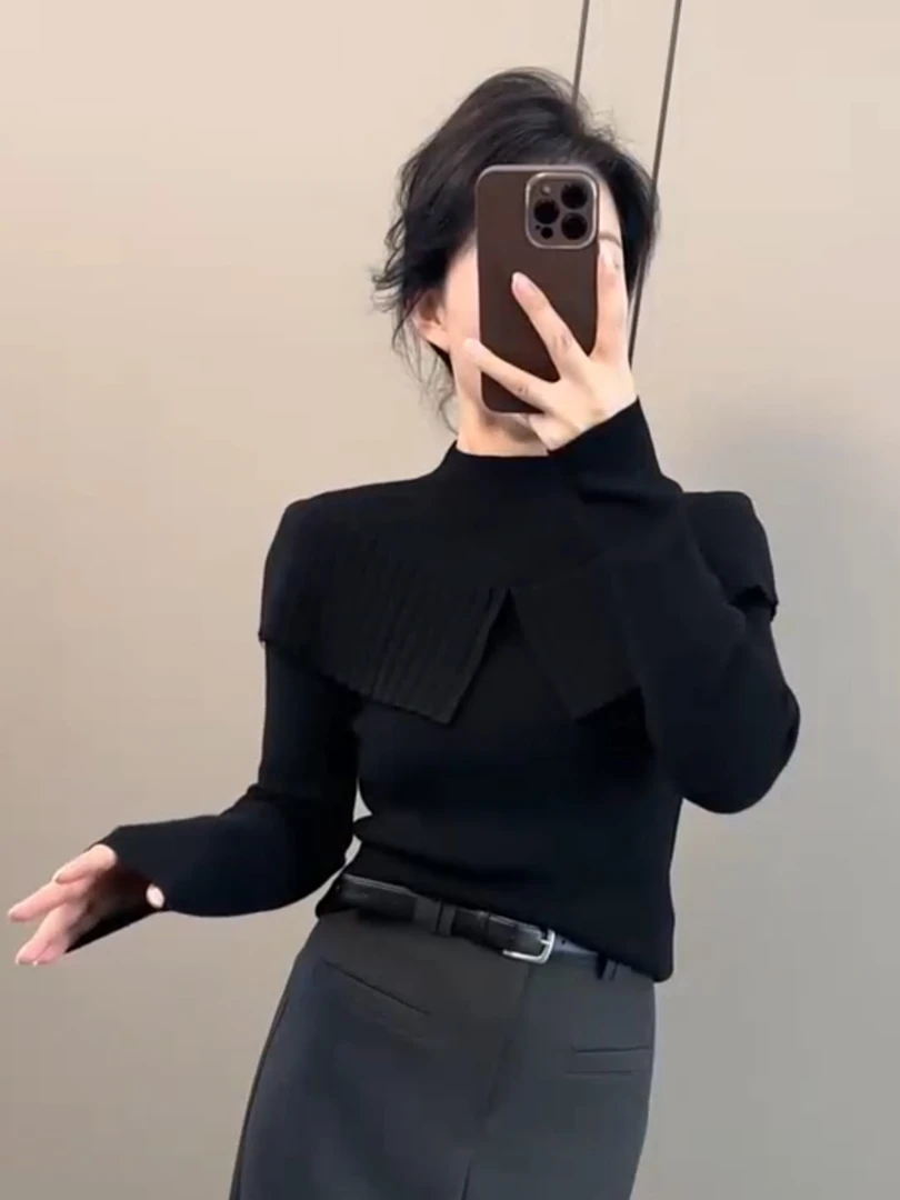 【现货】法式时尚立领针织衫女秋2025新款设计感荷叶边修身打底衫