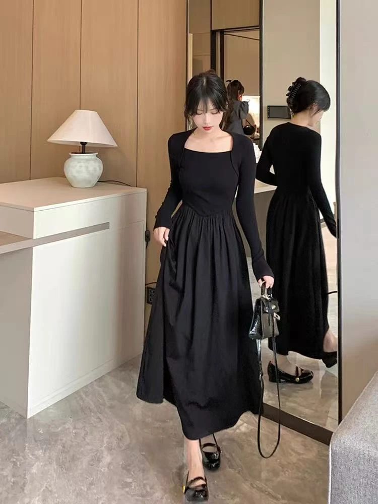 赫本风黑色连衣裙女小个子2025秋季新款高级感休闲显瘦气质长裙子