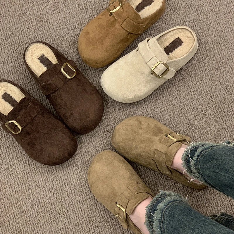 厚底内增高加绒勃肯鞋女包头半拖外穿2025秋冬新款毛毛博肯棉拖鞋