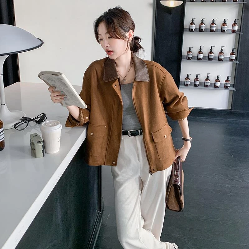 美拉德卡其色休闲短外套女春季2025新款韩版撞色翻领时尚百搭夹克