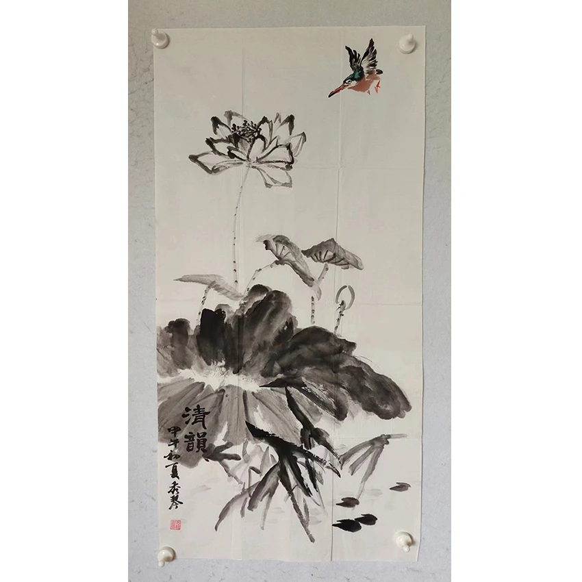 3277 老字画《荷花》中堂  尺寸 100×50