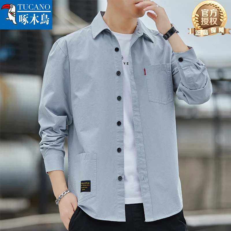 正品啄木鸟纯色薄款男装衬衫长袖休闲宽松全棉百搭工装外套衬衣男