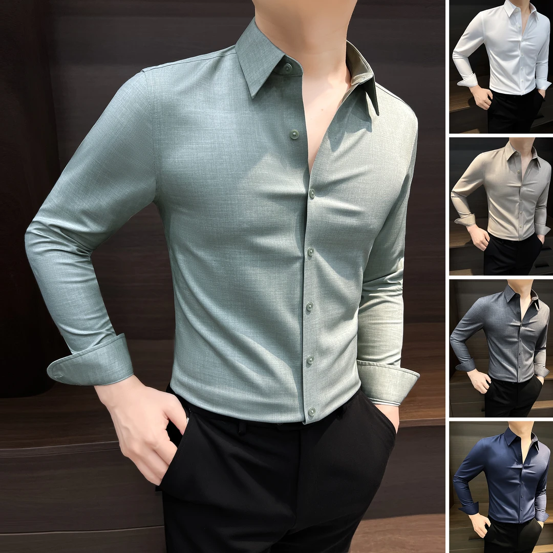 莫代尔长袖衬衫男款爆款2025新款高级感男装商务男士修身纯色衬衣