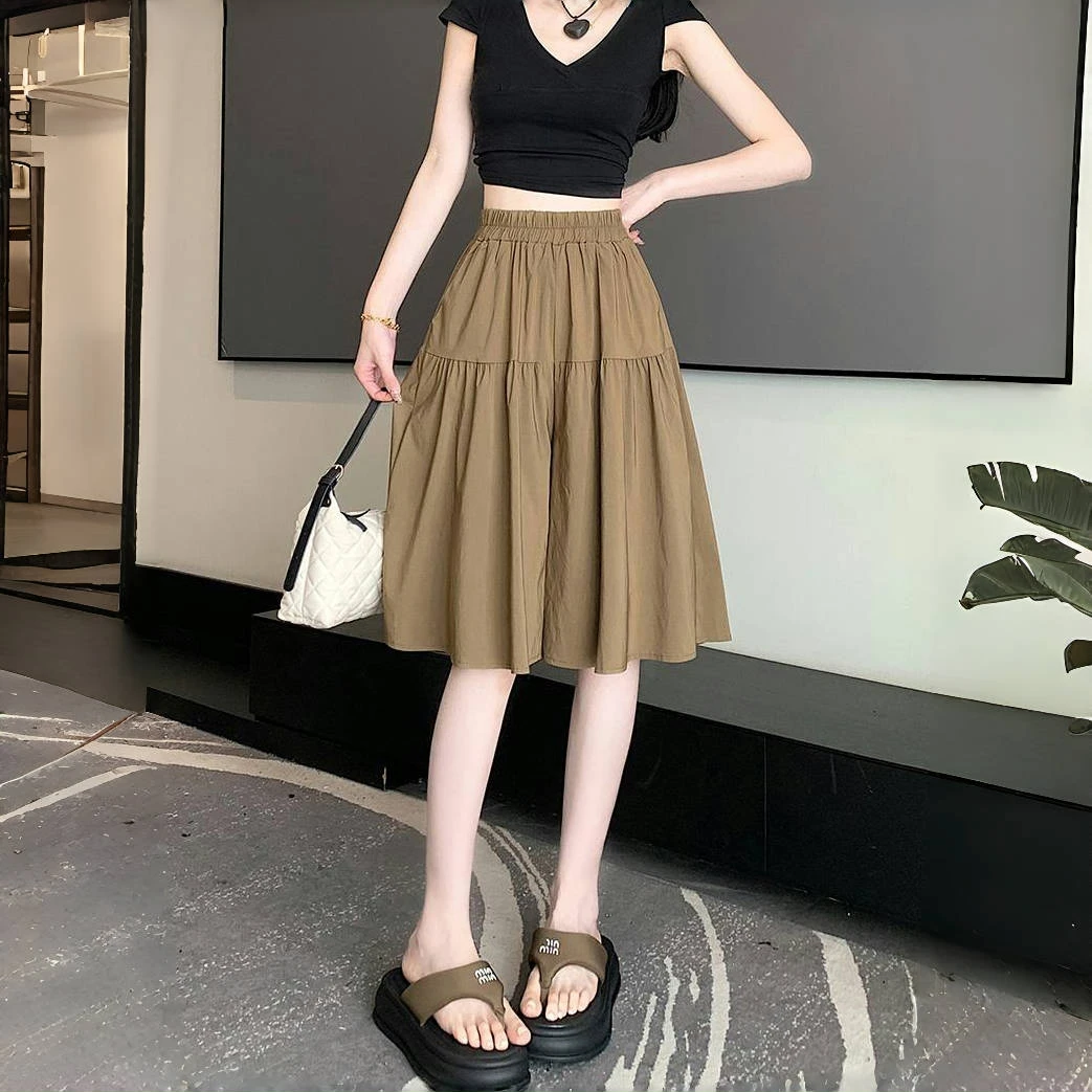 冰丝皱麻时尚阔腿裤女2025夏季新款高腰显瘦百搭宽松薄款休闲裤裙