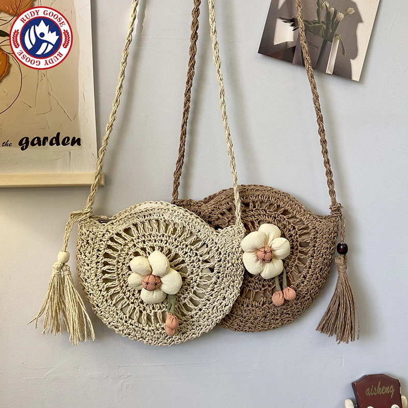 RUDY GOOSE花园少女夏日草编包女单肩斜挎包小圆包海边沙滩编织包