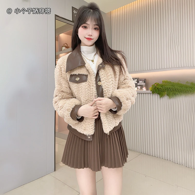小香风毛毛外套女秋冬新款复古拼皮短款羔毛棉服小个子加厚