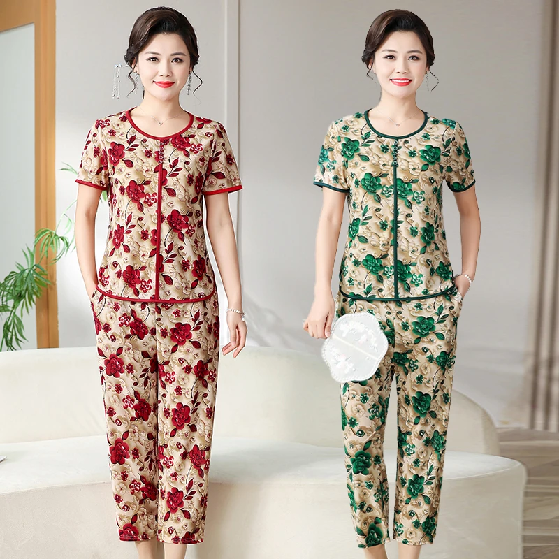 薄款短袖国风中老年两件套女装家居服夏季妈妈装印花夏装女士套装