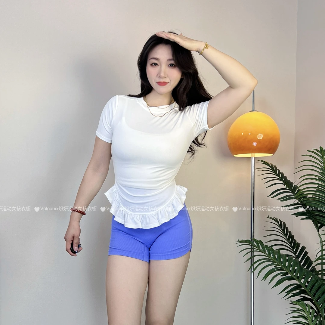 Volcanix炽妍·瑜伽服少女感运动短袖T恤夏季花边修身短袖减龄外穿