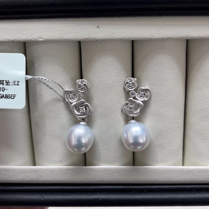 海水珍珠漏澳白玫瑰耳坠10-11mm银S925镶嵌