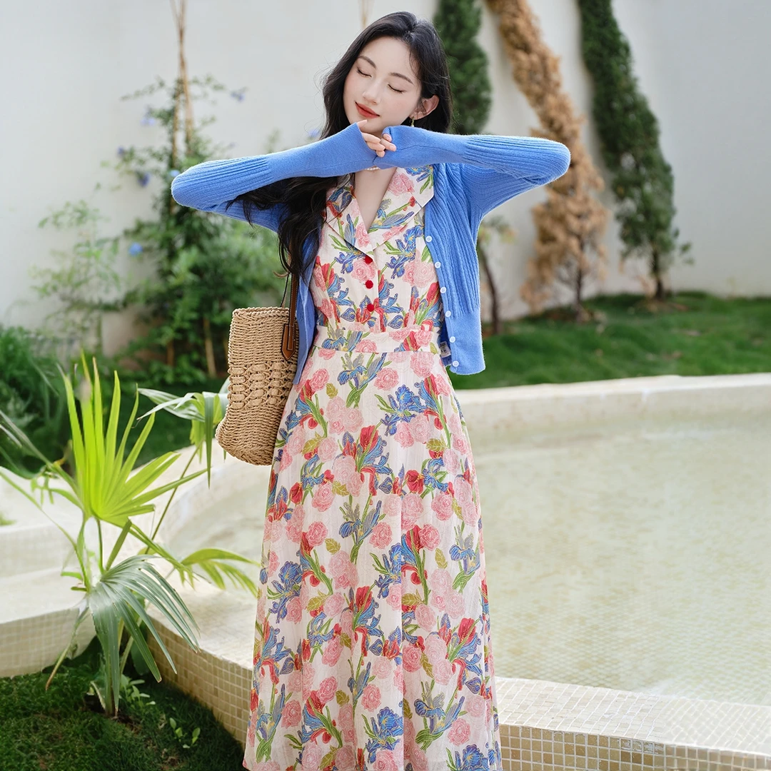 法式浪漫优雅玫瑰印花收腰连衣裙收腰大摆碎花衬衫式长裙套装905