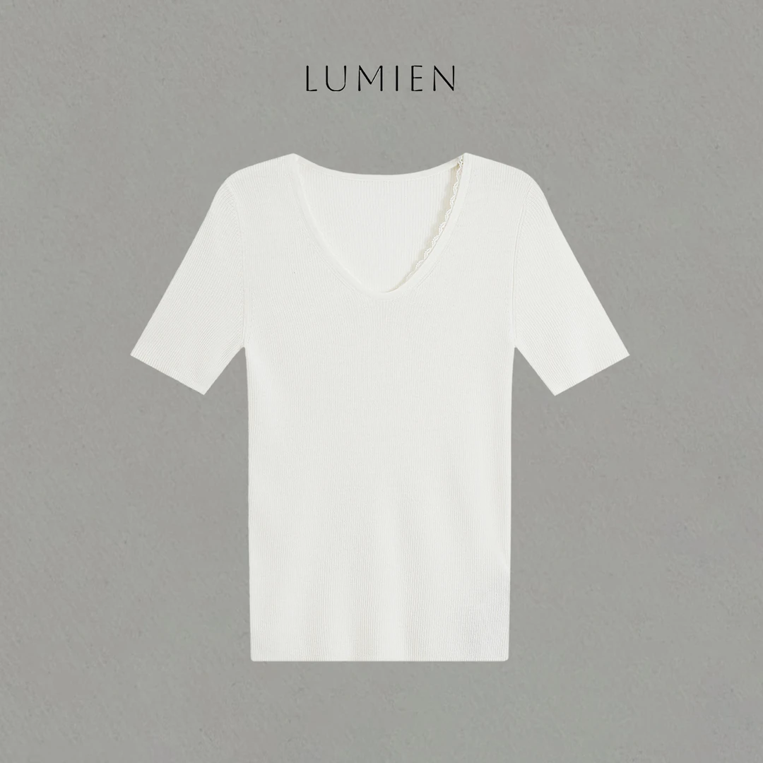 【LUMIEN 新品 】“轻舞芭蕾”V领蕾丝花边针织短袖LX5ZTT138