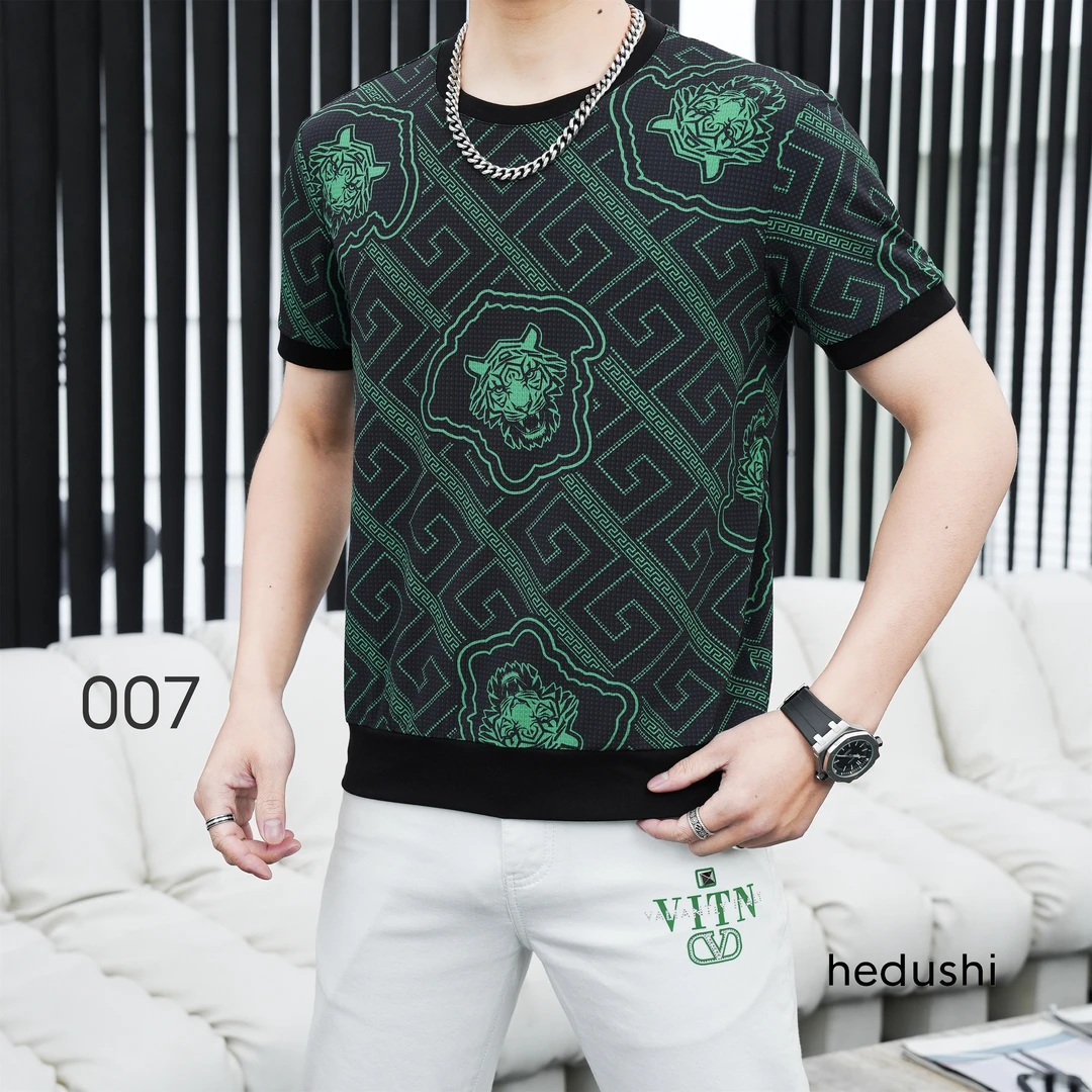 2025夏季男士冰丝时尚百搭轻奢圆领半袖弹力个性体T恤修身007