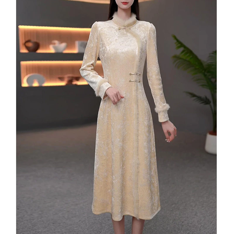DBF-25A123YR 新中式轻奢高贵复古洋气优雅气质加厚连衣裙M-5XL