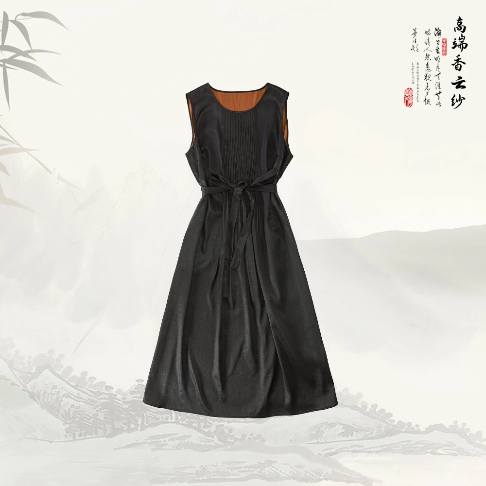 【黑精灵】品牌新款香云纱新中式宽摆无袖圆领收腰连衣裙526326
