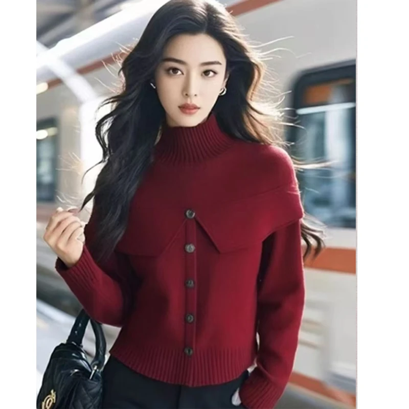 YS#复古温柔高领假两件针织毛衣女士秋冬新款减龄外套DY11241