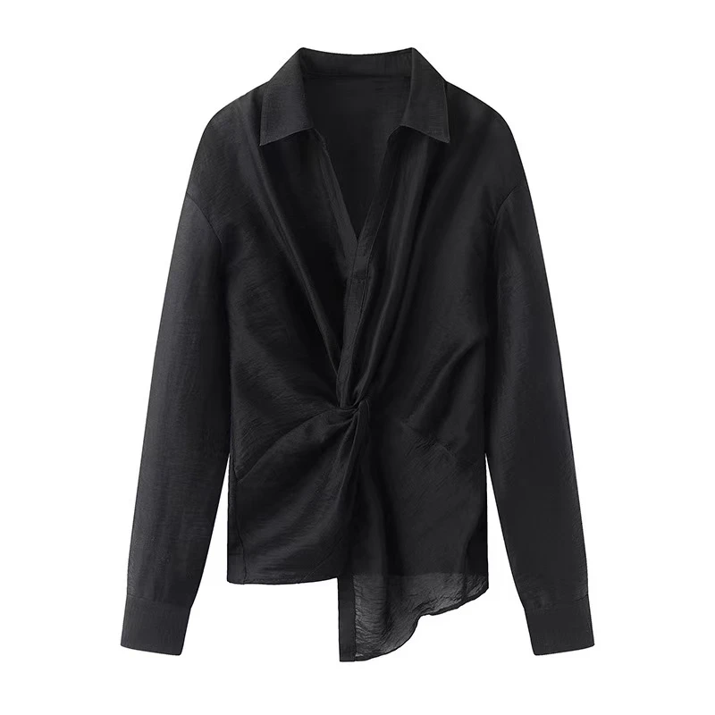 艾系2025春季新款休闲百搭不规则黑色衬衫女5053
