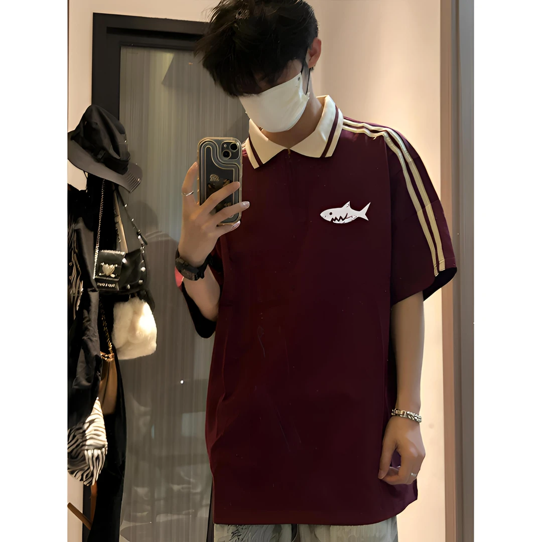 美式街头风鲨鱼百搭印花拼色翻领Polo衫男女夏季潮流纯棉短袖上衣