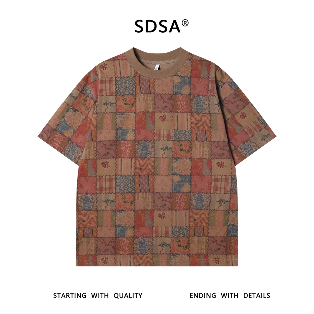 夏季高级感新款美式多彩图案花卉拼接短袖T恤格纹百搭套头上衣