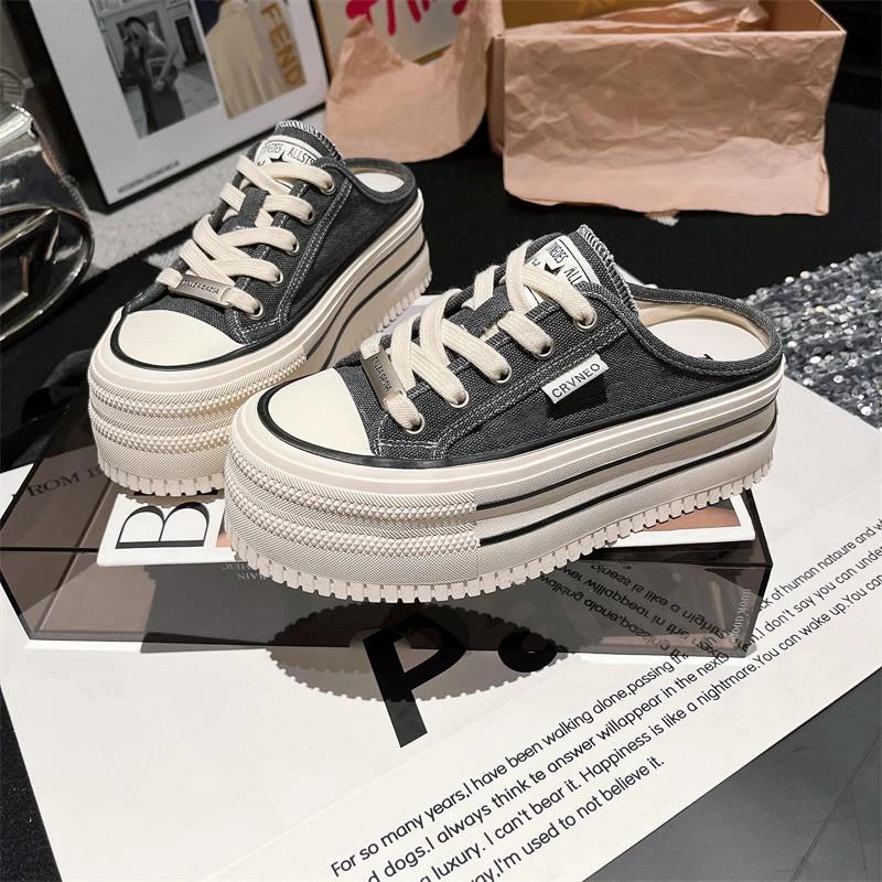 韩版牛仔布系带包头半拖鞋帆布鞋厚底松糕小个子女鞋托一脚蹬女鞋