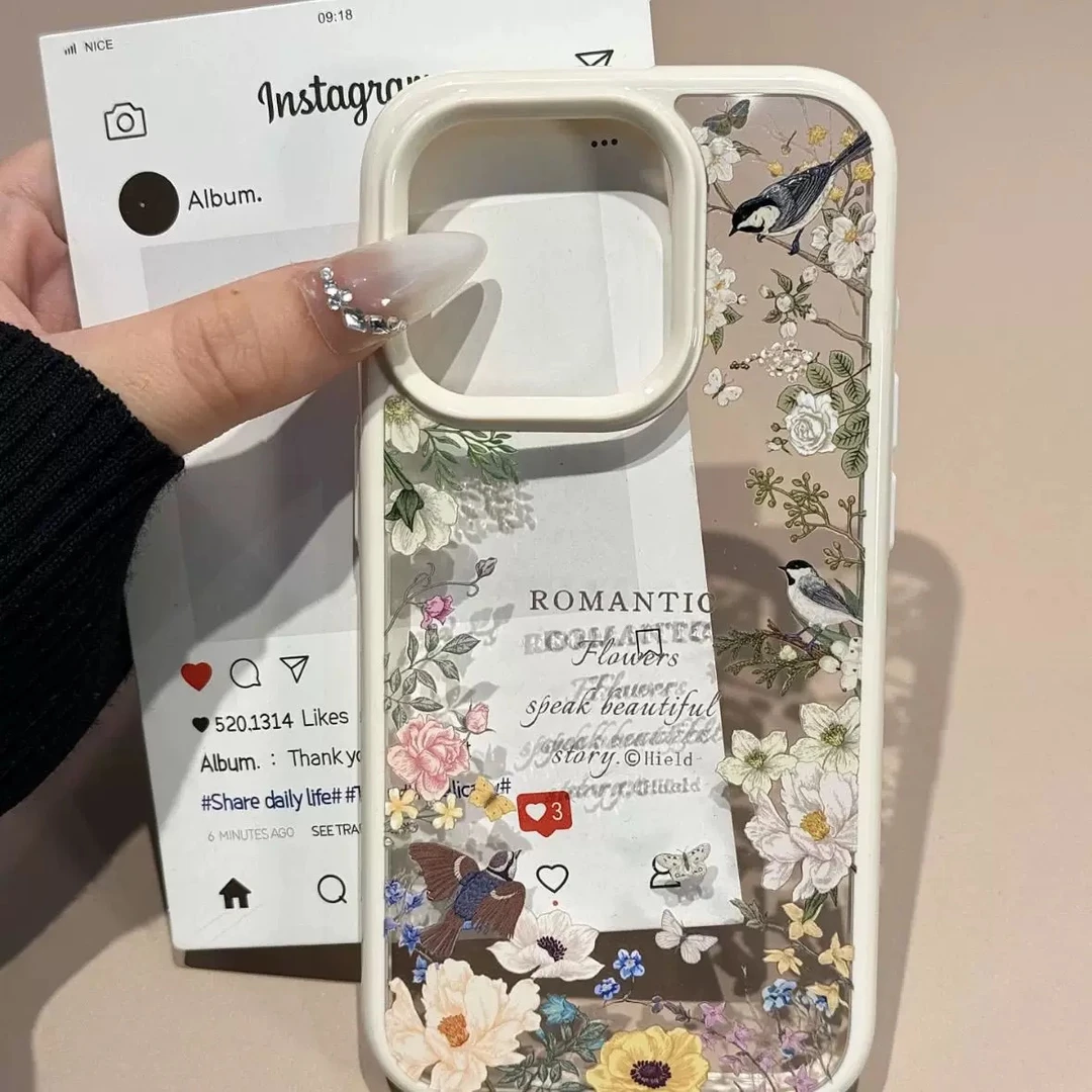 复古风围边花朵喜鹊适用苹果16promax手机壳iPhone15女新款14