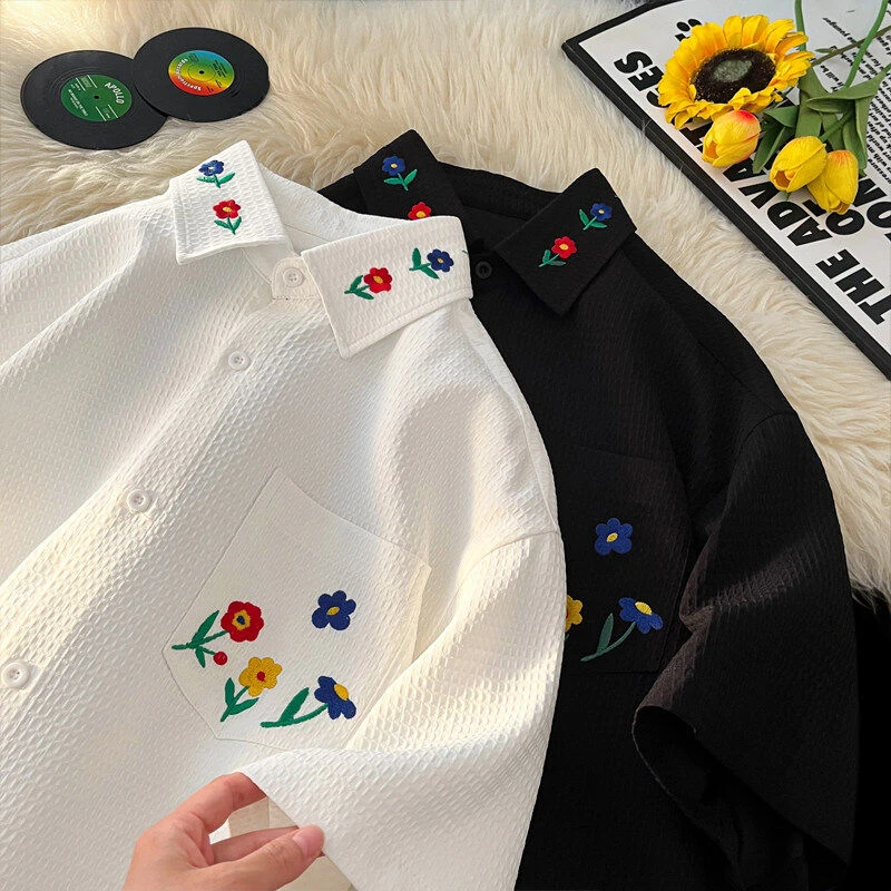 新款衬衫男大码绣花帅气短袖衬衫潮牌ins衬衫外套男