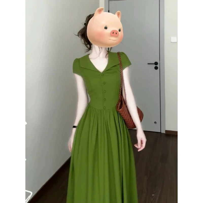赫本风复古绿色短袖连衣裙设计感娃娃领修身显瘦收腰长裙夏1010#