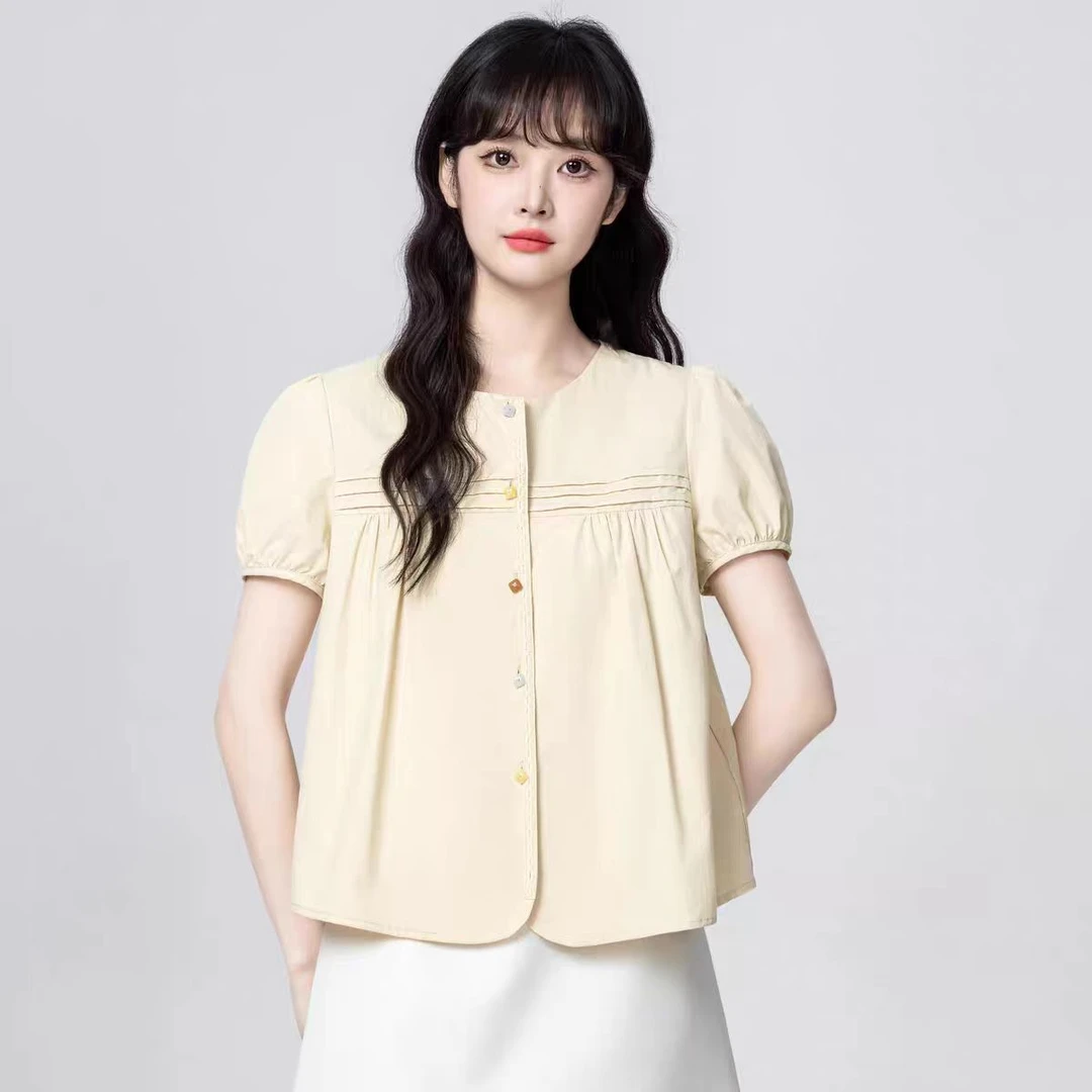 （长约50）夏季法式泡泡袖圆领短袖衬衫小众小衫时尚百搭衬衣25108