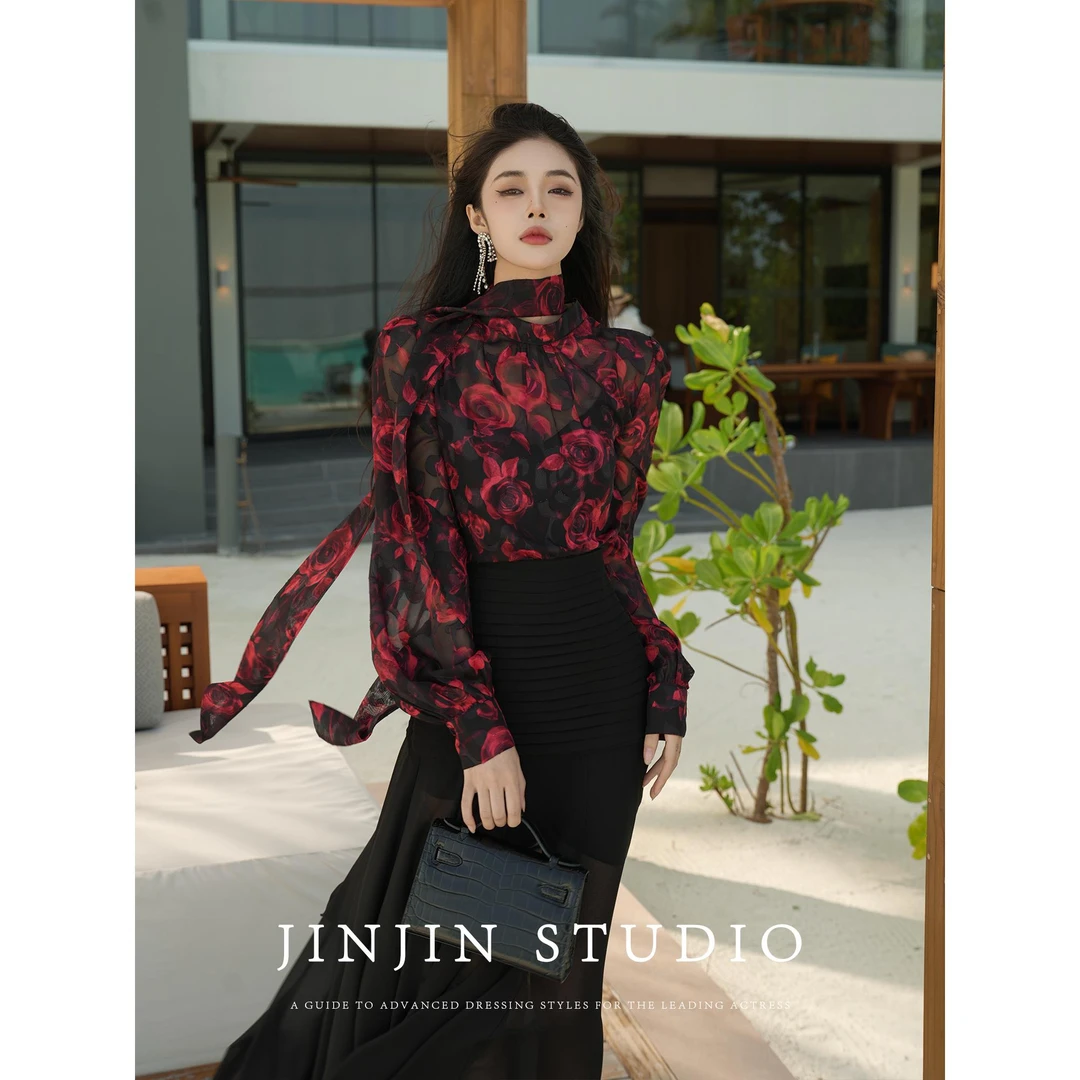 【MD原创·宵夜】2025夏季新款玫瑰设计飘带网纱衬衫上衣