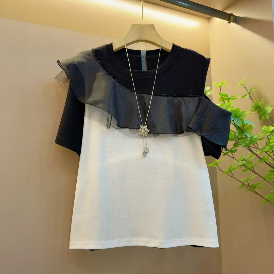 无品牌2025新款百搭拼接带钻修身气质时尚短袖T恤上衣（长65左右）