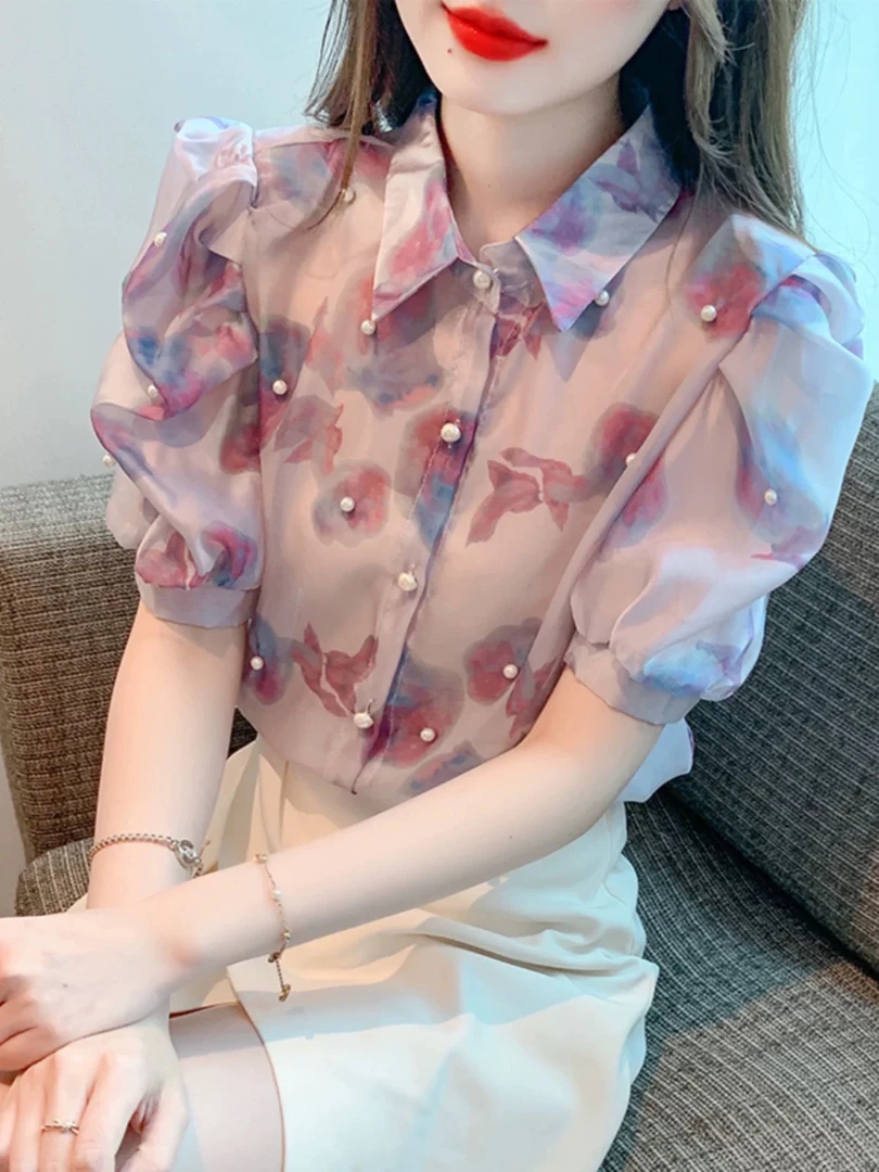 重工钉珠碎花短袖雪纺衬衫女装2025年新款夏季小个子减龄洋气上衣
