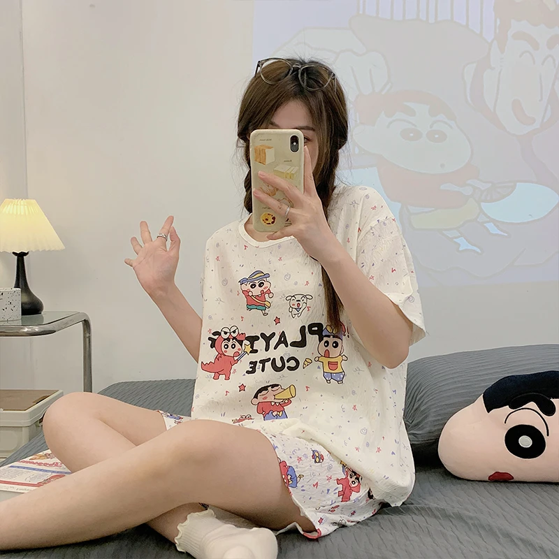 Bantc学生夏季薄款套头云朵棉卡通可爱少女宽松版圆领双短套装