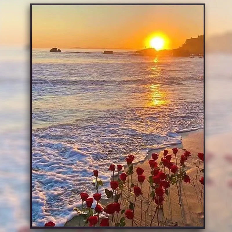 海上生花钻石画满钻朝阳玫瑰小雏菊海边风景客厅卧室装饰手工diy