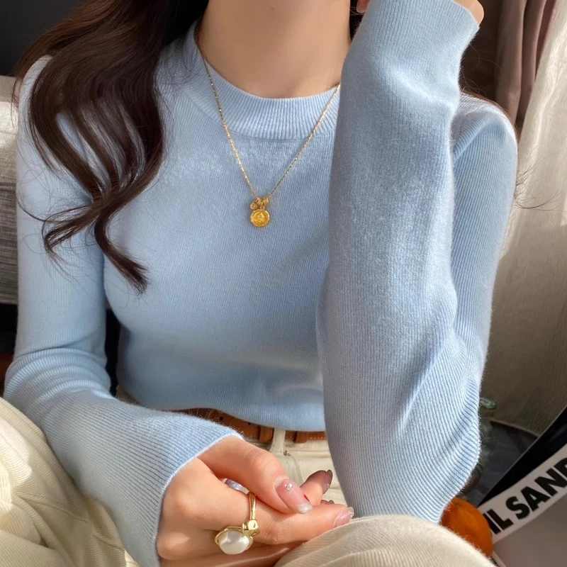 蓝色小立领打底衫女内搭修身2025春秋季新款毛衣长袖针织保暖上衣