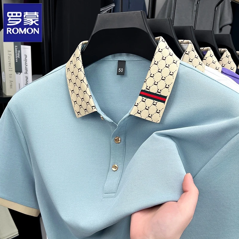 罗蒙轻奢高级夏季新款翻领短袖商务休闲修身T恤男中年聚酯纤维棉