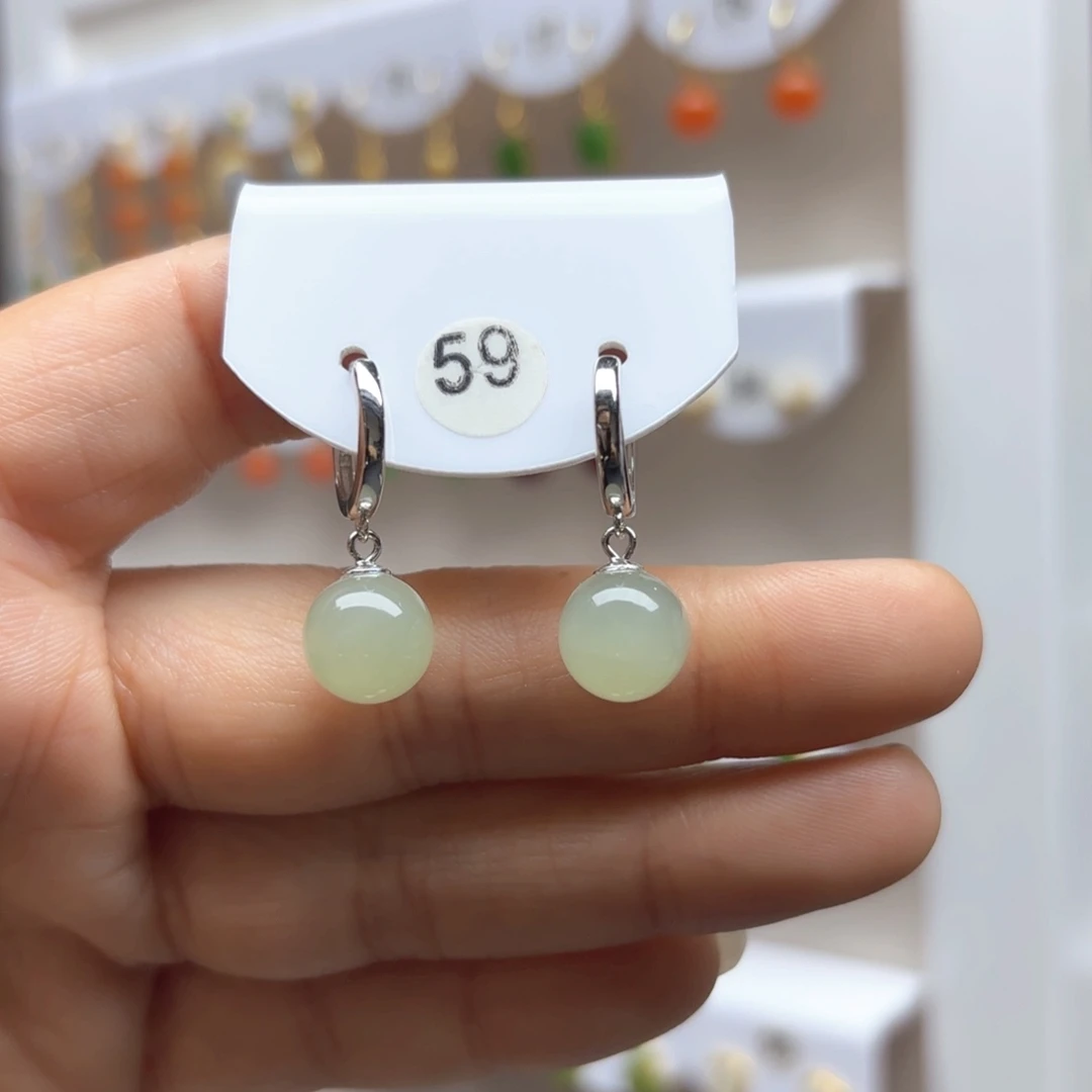 和田玉耳饰银S925镶嵌