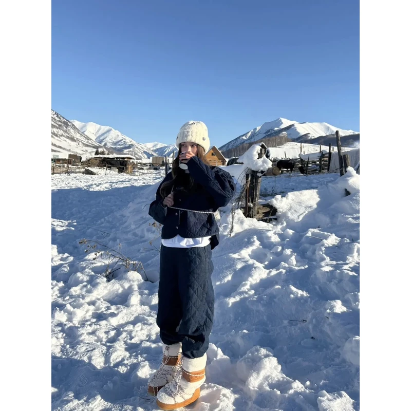 tingtings【冬日北海道】压线菱格夹棉牛仔棉服外套长裤套装女冬