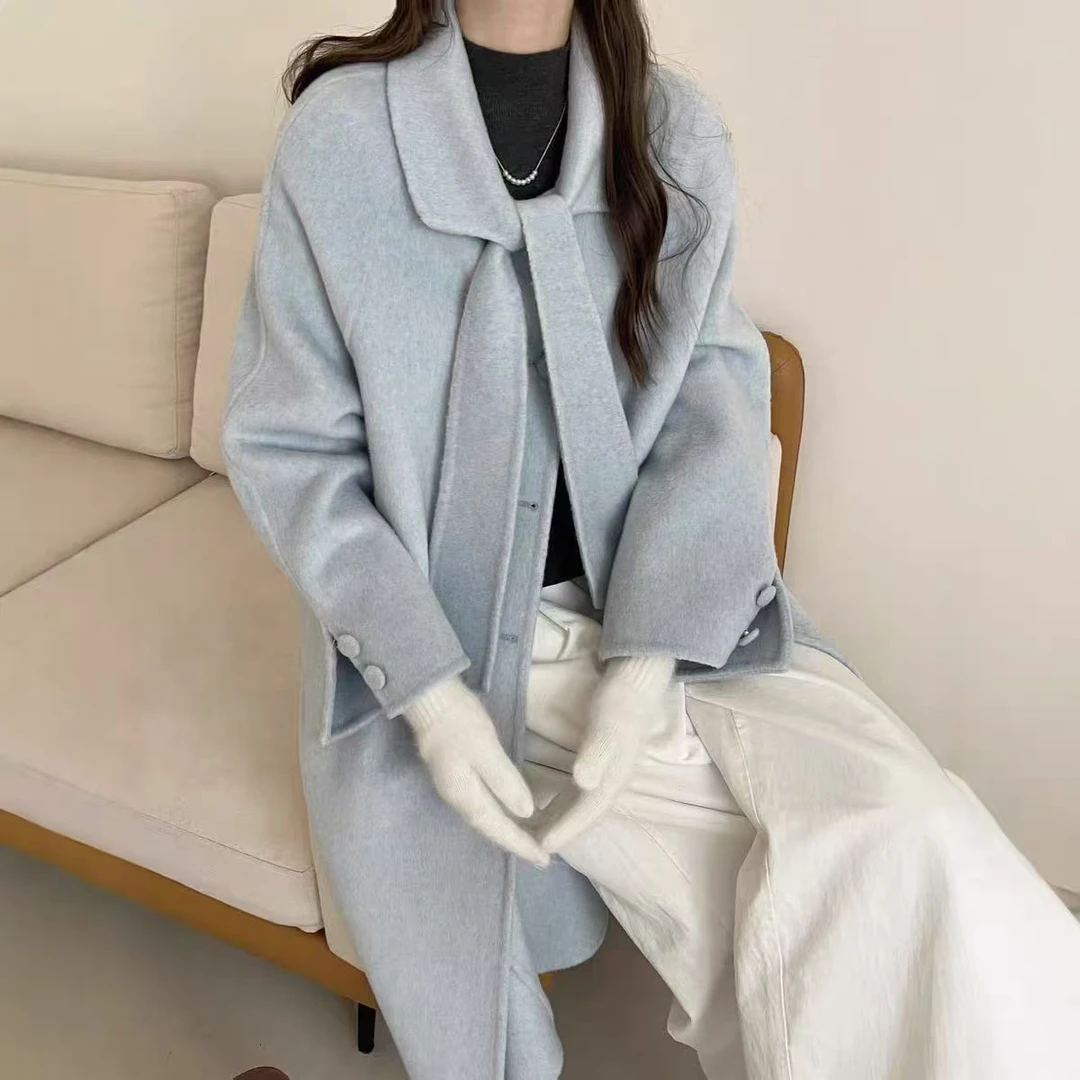 韩版飘带款双面大衣长款系带宽松秋冬毛呢外套