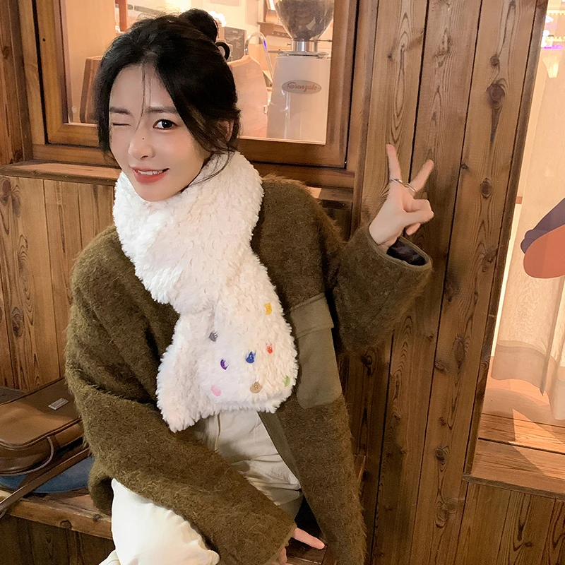 软乎乎~彩色纽扣毛绒绒加厚围巾女秋冬季韩版学生保暖百搭围脖潮