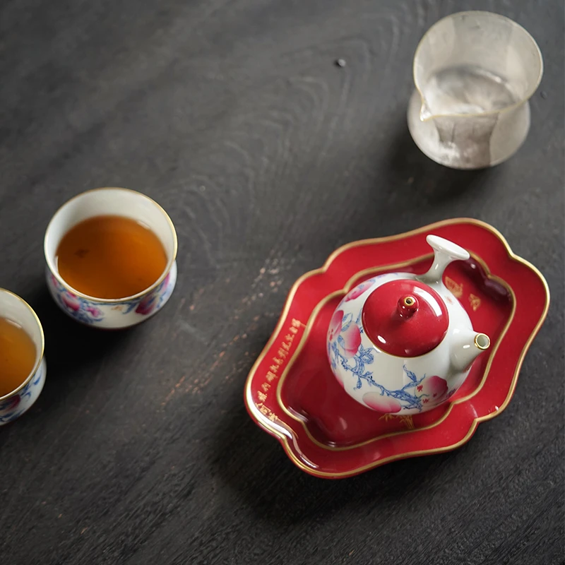 华隐堂陶瓷侧把壶 手工手绘粉彩桃子茶壶