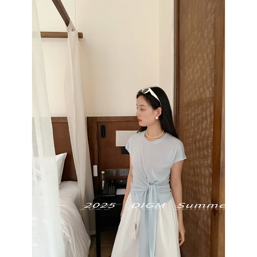 L-50667#【莱赛尔tee！】韩系设计感不规则绑带设计收腰显瘦T恤