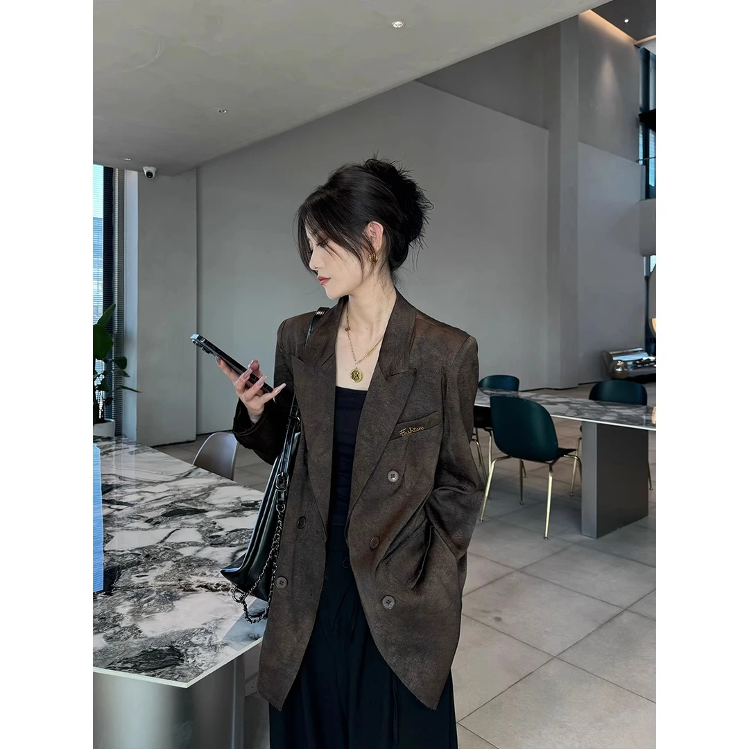 2025春秋大码西装外套女高级感上衣气质韩版咖色廓形宽松休闲西服