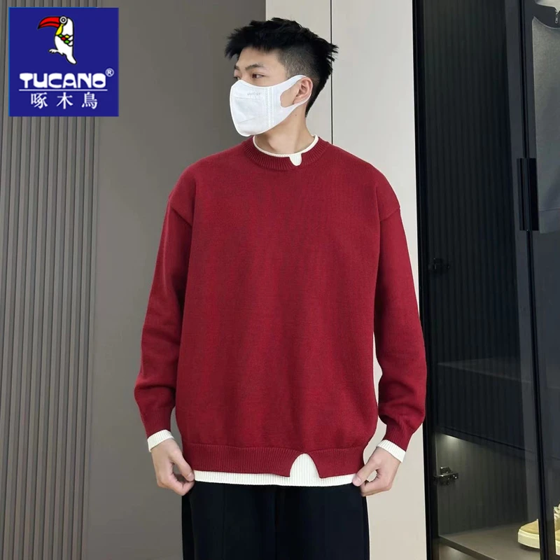 啄木鸟红毛衣男款秋冬季男士宽松圆领慵懒风高档假两件针织保暖