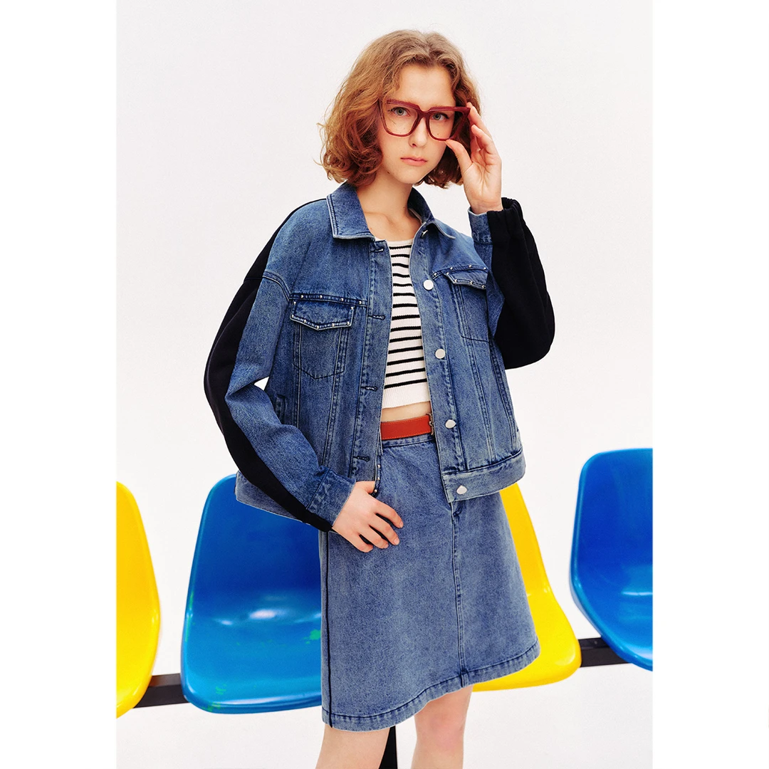 诗篇春秋复古宽松水洗时尚拼接百搭显瘦长袖牛仔外套6C64110090